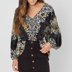 Free People Birds of a Feather Floral Blouse Boho Chic Peasant Oversized XS
